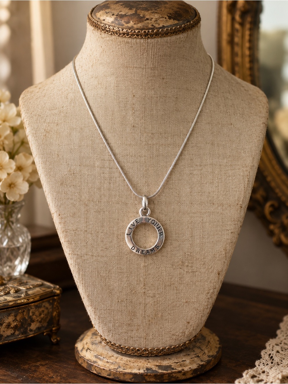 Sterling Silver Necklace with Circular Pendant (Live Your Dreams)